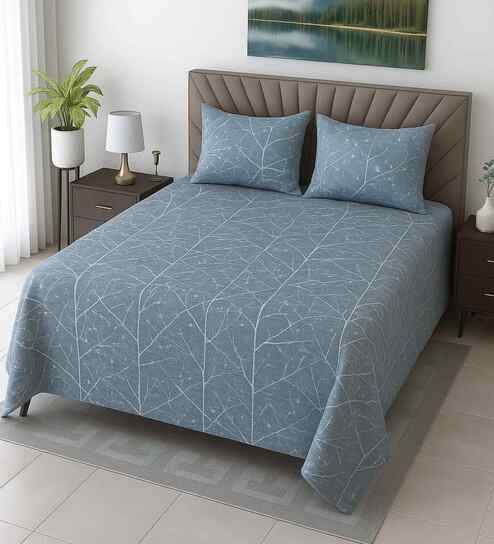 Green Shade Abstract 400 TC Cotton Super King Size Bedsheet with 2 Pilllow covers Essential Series Collection