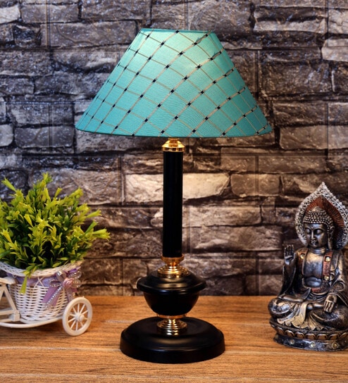 Royal Green Fabric Shade Night Lamp With Metal Base By Foziq