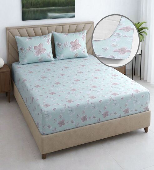 Green Shade Floral 400 TC Cotton Queen Size Fitted Bedsheet With 2 Pillow Covers