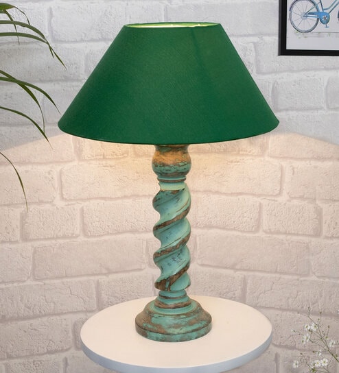 Green Shade Table Lamp With Wooden Base