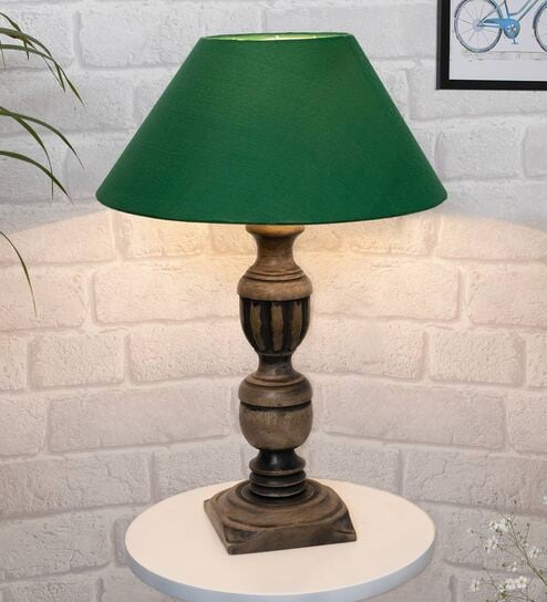 Green Shade Table Lamp With Wooden Base