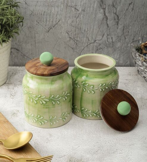 Green Shaded Embossed Ceramic Air Tight Jars/ Barnis with Wooden Lids - Set of Two