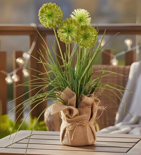 Green Silk Plastic And Jute Faux Allium Flower Bunch With Jute Wrap