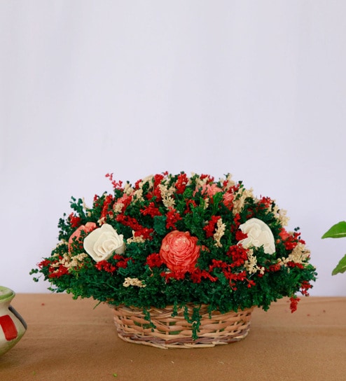 Green Sola Natural Dried Flowers In Kashmiri Basket