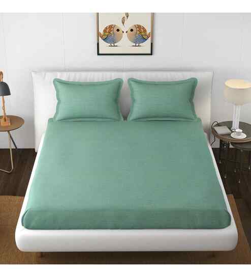 Green Solid 144 TC Cotton King Fitted Bedsheet Bedsheet 2 Pillow Shades Collection