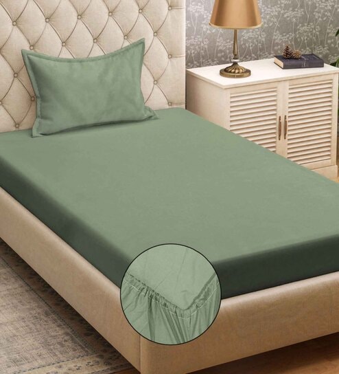 Green Solid 300 TC Cotton Blend Fitted Single Bedsheet with Pillow Cover