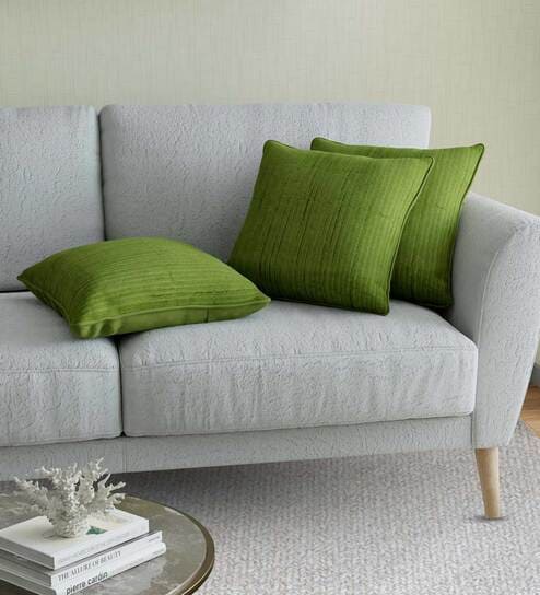 Green Solid Cotton Self Design Cushion Cover