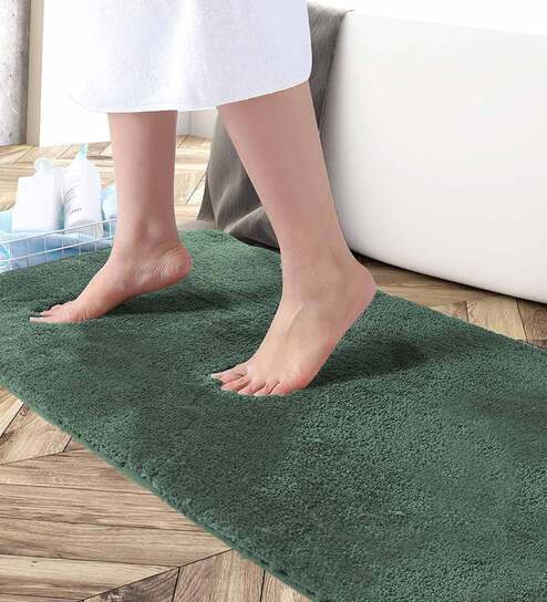 Green Solid Microfibre 36x24 Inches AntiSkid Bath Mat by Luxe Home International