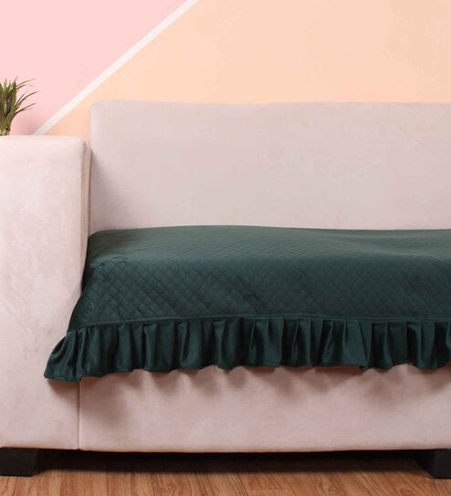 Green Solid Velvet 1 Seater Quilted Sofa Cover (Protector) with Frill