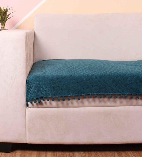 Turquoise Blue Solid Velvet 1 Seater Quilted Sofa Cover (Protector) with Pompom