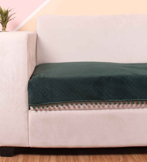 Green Solid Velvet 1 Seater Quilted Sofa Cover (Protector) with Pompom