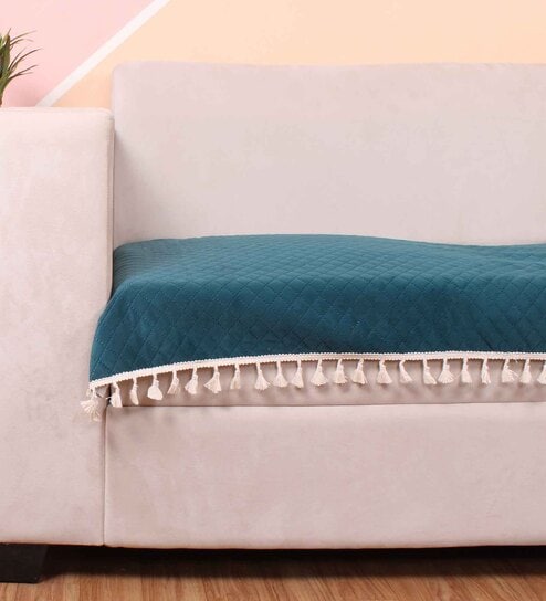 Green Solid Velvet 1 Seater Quilted Sofa Cover (Protector) with Tassel