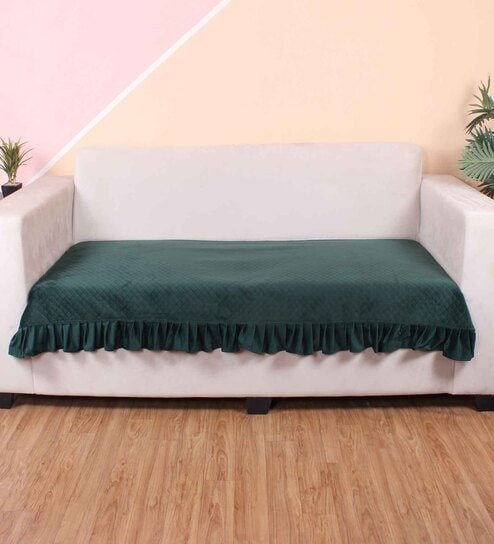 Green Solid Velvet 3 Seater Quilted Sofa Cover (Protector) with Frill