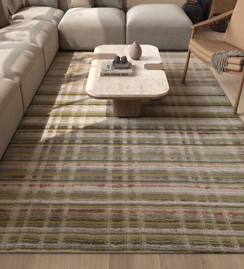 Green Solid Wool and Viscose 6 ft X 9 ft Hand Woven Carpet