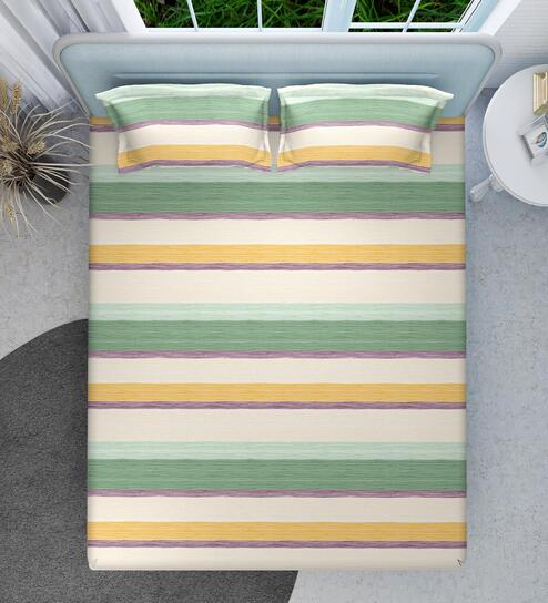 Green Stripe 144 TC Cotton Queen Sized Double Bedsheet with 2 Pillow Covers Nautical Stripes Collection