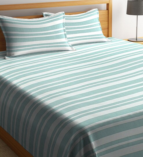 Buy Green Stripe Cotton Double 300 Tc Bed Cover With 2 Pillow