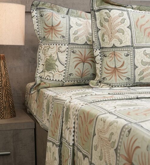 Green Stylized Floral Motifs 210 TC 100% Cotton Superking Bedsheet with 2 Pillow Covers-image-34