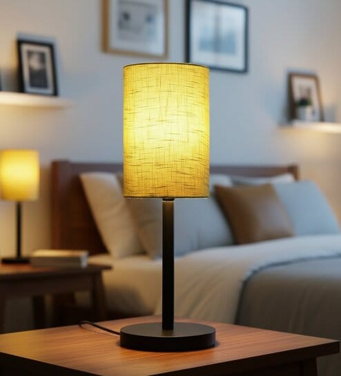 Green Texture Cylinder Fabric Shade Table Lamp, Minimalist Bedside Lamp with Metal Base for Bedroom, Living Room & Study