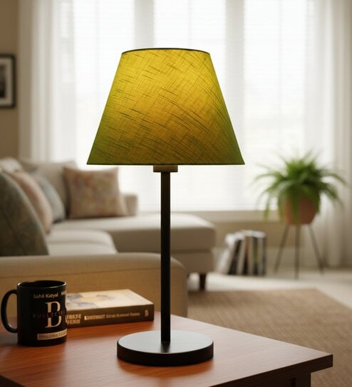 Green Texture Fabric Shade Table Lamp, Modern Bedside & Desk Lamp with Metal Base for Bedroom, Living Room & Home Decor