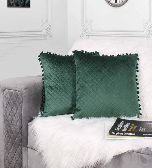 Green Textured Velvet 12 x 12 Inches Cushion Covers (Set of 2)
