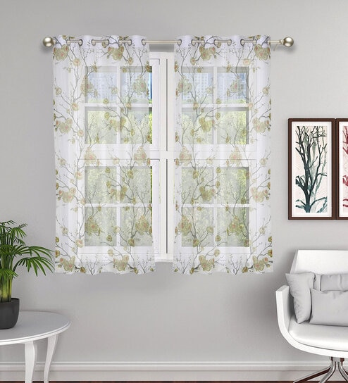 White Floral Tissue 5 Ft Semisheer Eyelet Window Curtains (Set of 2)