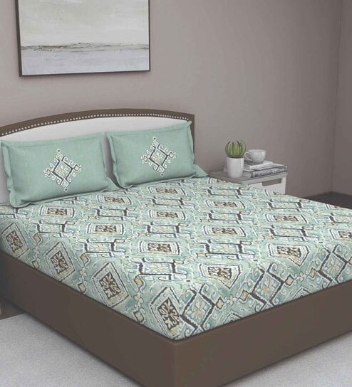 Green Traditional 180 TC Cotton Queen Sized Bed Sheets with 2 Pillow Covers by GM Fabrics