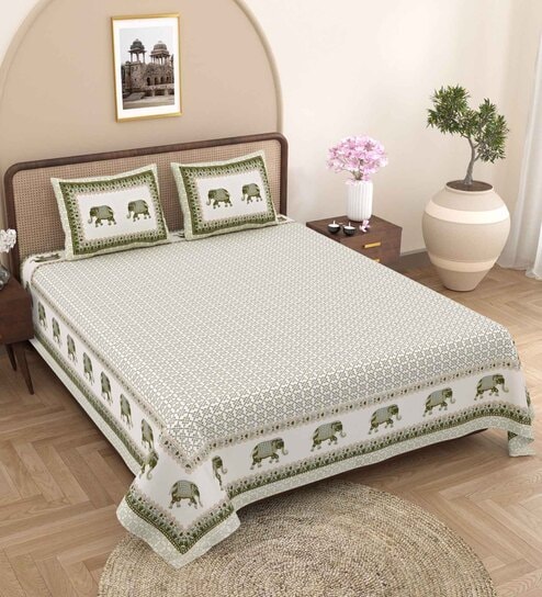 Green Traditional 240 TC Pure Cotton King Sized Double Bedsheet with 2 Pillow Covers