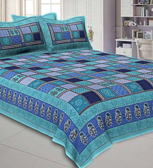 Green Traditional TC 150 Cotton Double Bed Sheet With 2 Pillow Covers