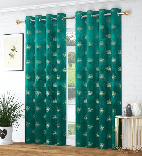 Green Velvet Abstract 9 Foot Ring Top Door Curtains Set Of 2