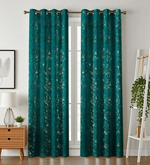Green Velvet Feather 5Ft Ring Top Window Curtain Pack of 1