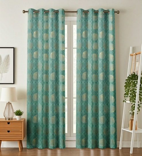Green Velvet Feather 9Ft Ring Top Long Door Curtain Pack of 1