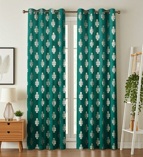 Green Velvet Floral 5 Foot Ring Top Window Curtain