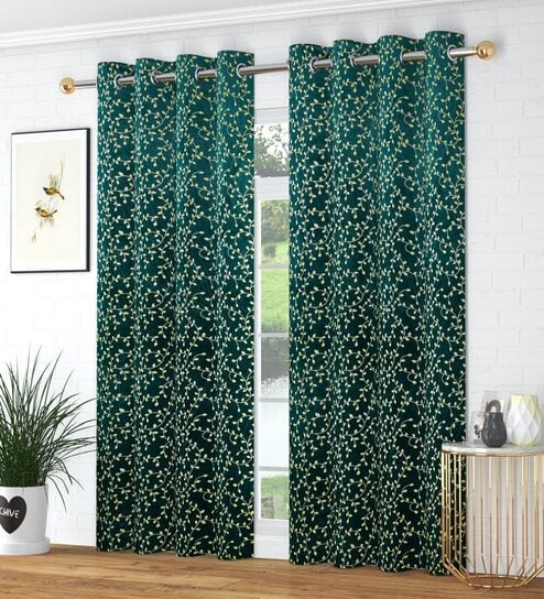 Green Velvet Floral 5 Foot Ring Top Window Curtains Set Of 2