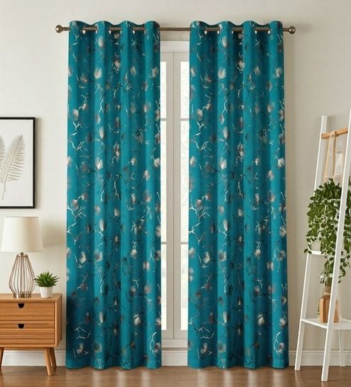 Green Velvet Leaf Print 5Ft Ring Top Window Curtains Pack of  2
