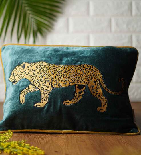 Green Floral Velvet 18 x 12 Inches Cushion Cover