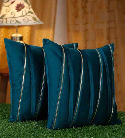 Green Velvet Striped 16X16 Inches Cushion Covers (Pack of 2)