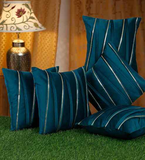Green Velvet Striped 16X16 Inches Cushion Covers (Pack of 5)