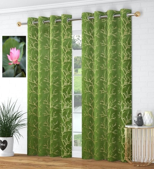 Green Velvet Tree Branch  9 Foot Ring Top Door Curtain