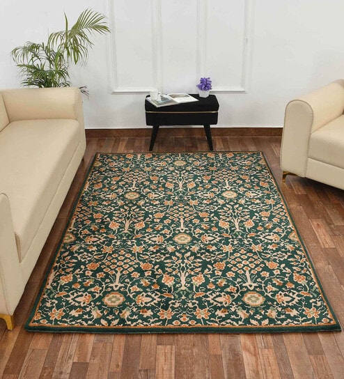 Green Vintage Polyester 6 x 9 Feet Machine Made Carpet