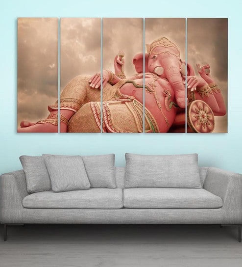 Green Wood Multiple Frames Beautiful Lord Ganesha Art Panels - Set Of 5 By Inephos
