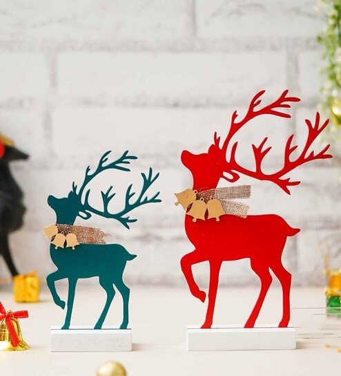 Green Wood Reindeer Showpieces (Set of 2)