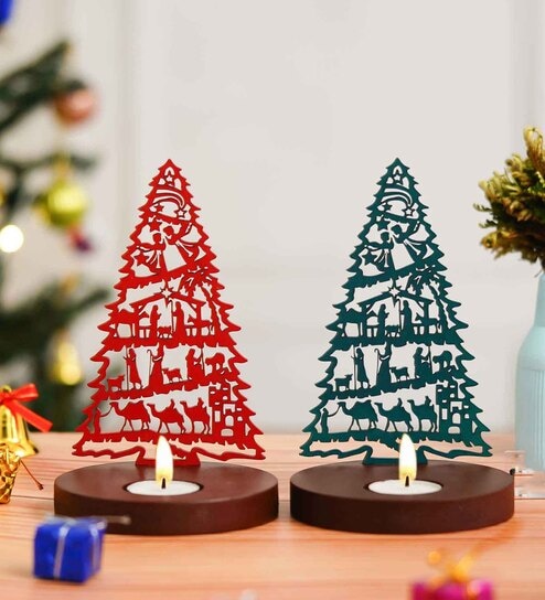 Green Wood Tea Light Candle Holder (Set of 2)