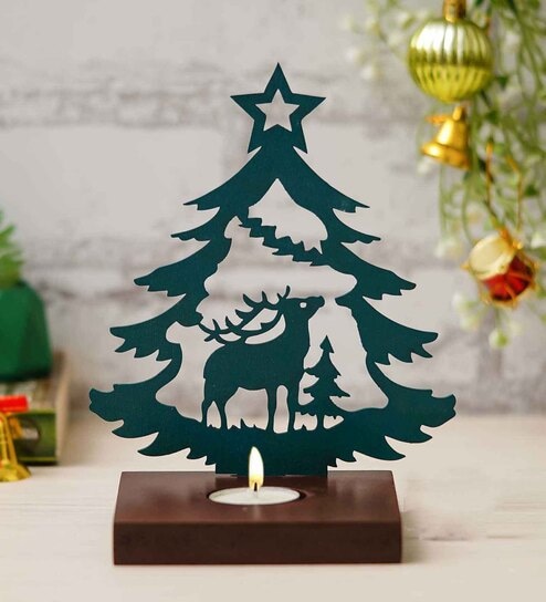 Green Wood Tea Light Candle Holder