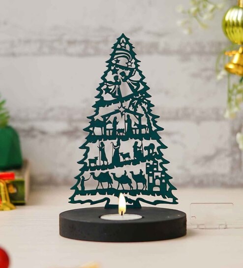 Green Wood Tea Light Candle Holder