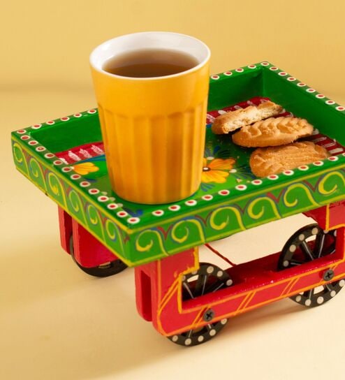 Green Wooden Hand Painted Thela Tray