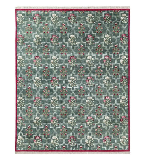 Green Floral Wool & Cotton 5 ft x 7 ft Hand Knotted Carpet