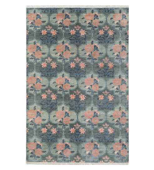 Green Floral Wool & Cotton 5 ft x 7 ft Hand Knotted Carpet