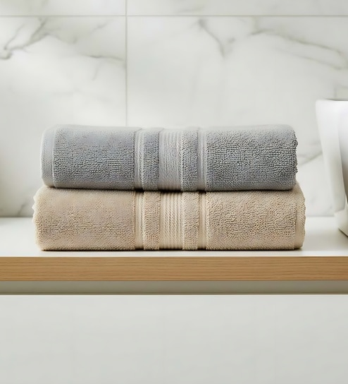 Grey & Beige Soft Cotton 500 GSM Solid Bath Towel Pack Of 2