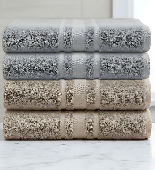 Grey & Beige Soft Cotton 500 GSM Solid Bath Towel Pack Of 4