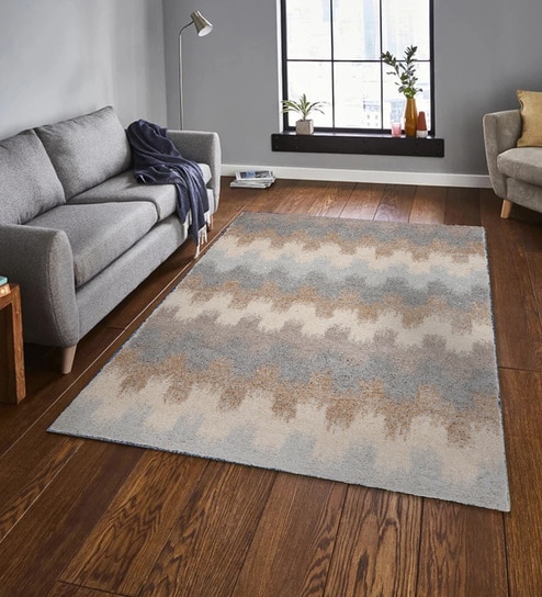 Grey & Beige Abstract Polyester 3 x 5 Feet Machine Made Carpet